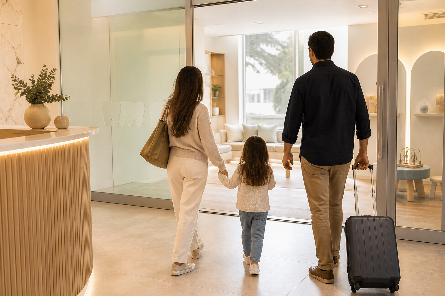 Família chegando ao consultório com uma mala de viagem
